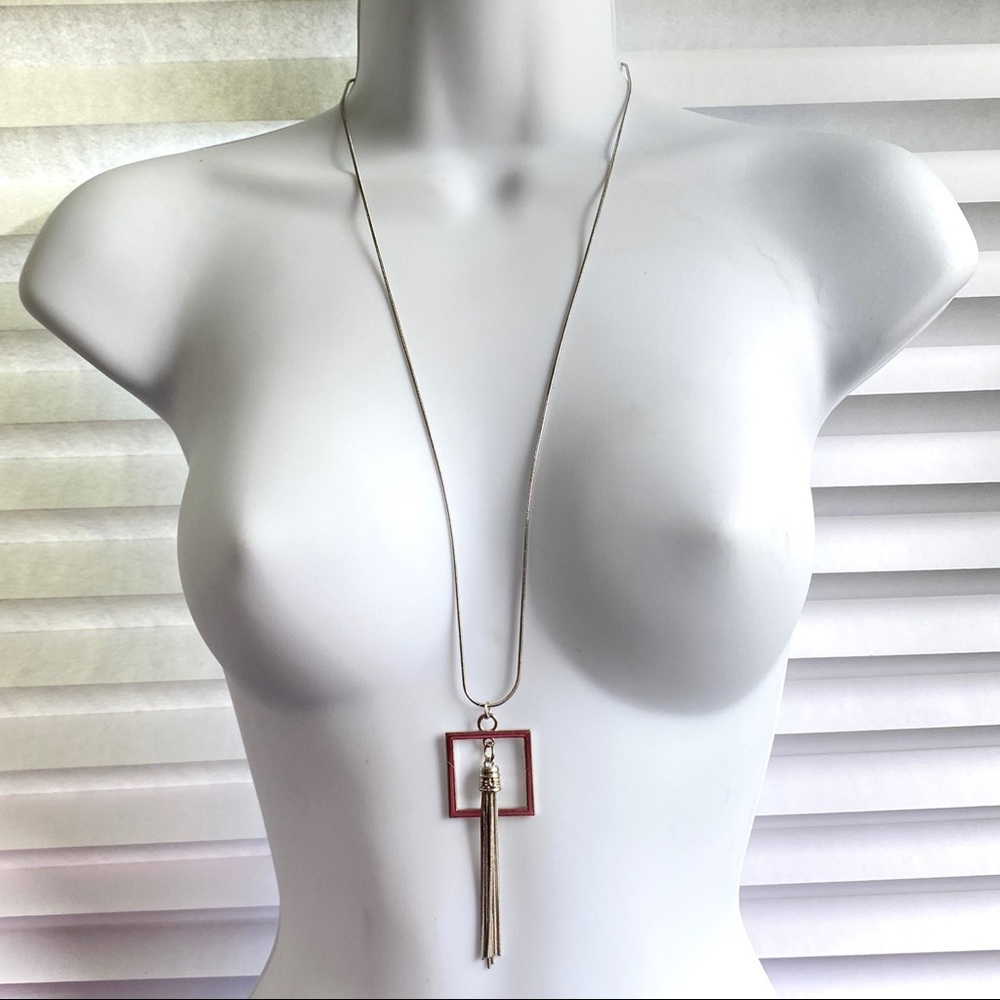 Long Silver Chain Necklace with Red Square Pendant and Tassel